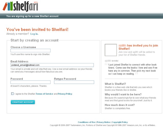 Shelfari Registration Page